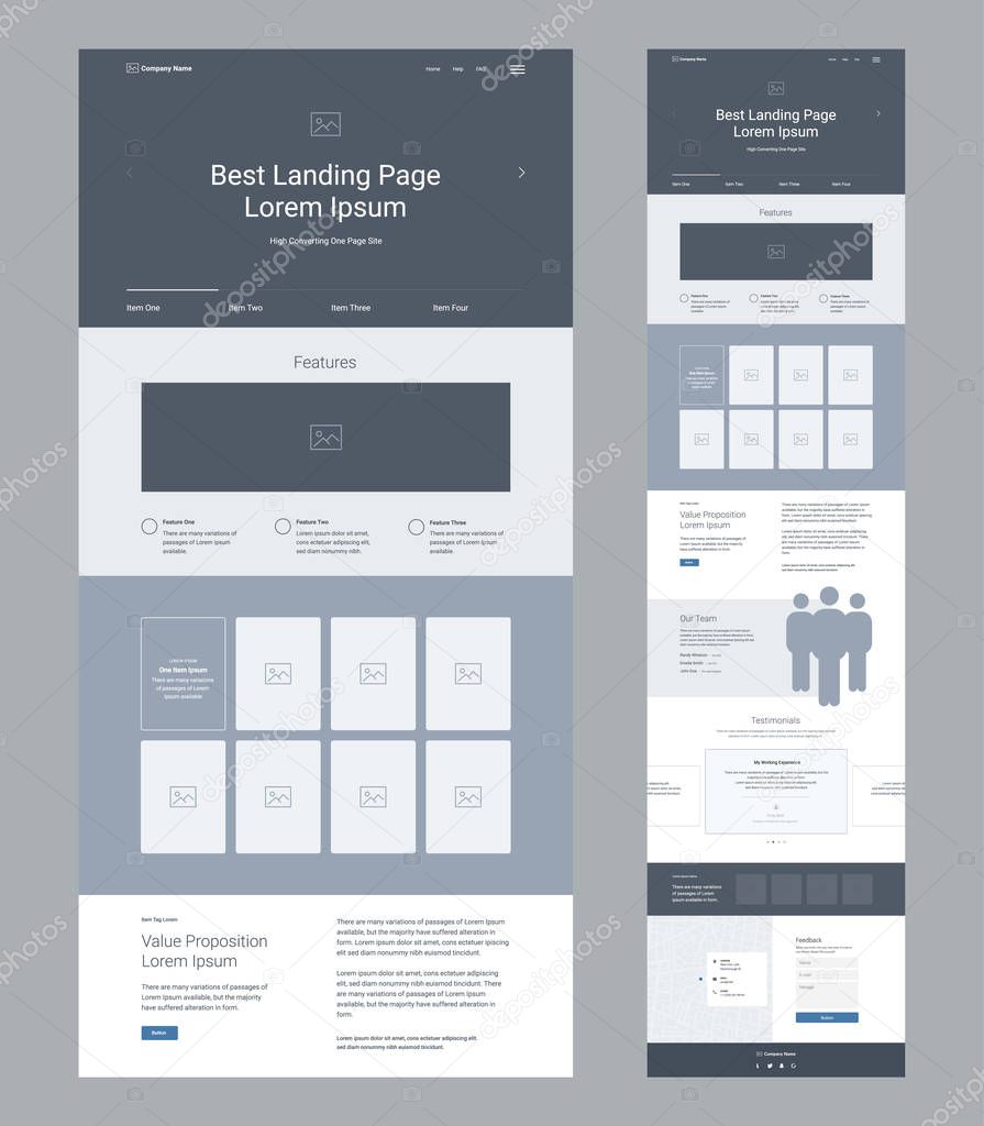 Landing page wireframe design for business. One page website layout template. Modern responsive design. Ux ui website.