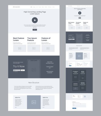 İniş sayfası kablo tasarımı. Bir sayfa web sitesi şablonu. Modern tepkili tasarım. Ux ui web sitesi: özellikler, eyleme çağrı, yeni yapı, istatistik, seçenekler, blog, kişiler.