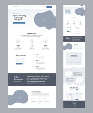 İniş sayfası kablo tasarımı. Bir sayfa web sitesi şablonu. Modern tepkili tasarım. Ux ui web sitesi: avantajlar, öneriler, özellikler, özellikler, ürün tanımı, kişiler.