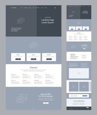 İniş sayfası kablo tasarımı. Bir sayfa web sitesi şablonu. Modern tepkili tasarım. Ux ui web sitesi: özellikler, özel teklifler, fırsatlar, ürün, eylem çağrısı, galeri.