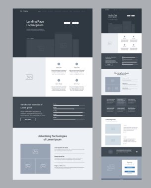 İniş sayfası kablo tasarımı. Bir sayfa web sitesi şablonu. Modern tepkili tasarım. Ux ui web sitesi: özellikler, istatistikler, makaleler, blog, ifadeler, form girin.