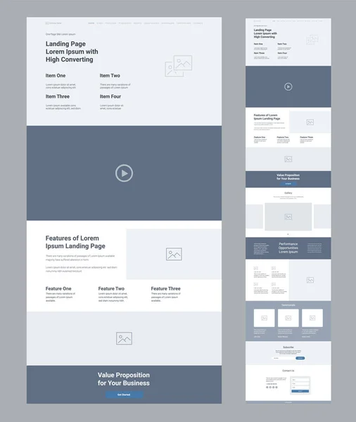 Landing Page Wireframe Design Für Unternehmen Eine Seite Website Layout — Stockvektor