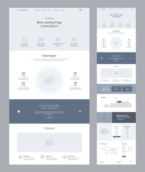 İniş sayfası kablo tasarımı. Bir sayfa web sitesi şablonu. Modern tepkili tasarım. Ux ui web sitesi: avantajlar, özellikler, eyleme çağrı, bilgi, istatistik, fiyatlandırma, harita.