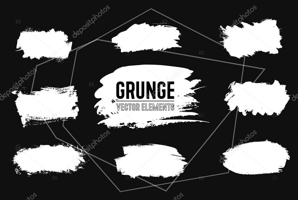 White brush on black background. Hand painted grunge element. Color ink drawing abstract dirty blot. Artistic design place for text, quote, information, company name.