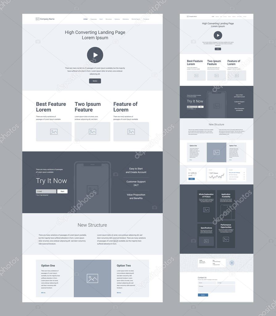 Landing page wireframe design for business. One page website layout template. Modern responsive design. Ux ui website: features, call to action, new structure, statistics, options, blog, contacts.
