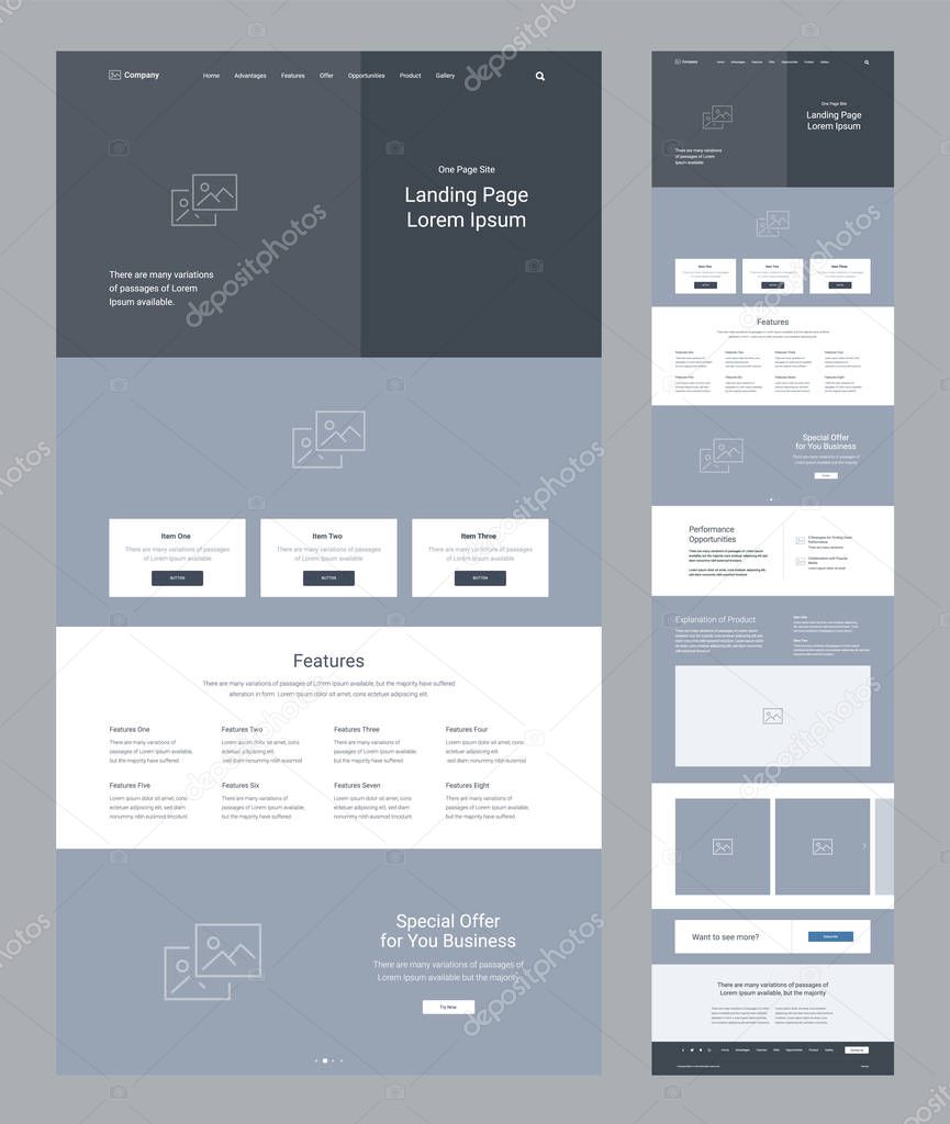 Landing page wireframe design for business. One page website layout template. Modern responsive design. Ux ui website: features, special offers, opportunities, product, call to action, gallery.