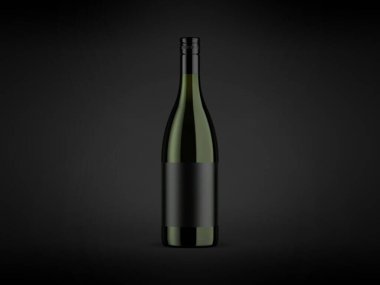 Şarap şişesi koyu arka planda. Tasarım, reklam ve sunumunuz için iyi bir kullanım. Kepçeler ve mesajlar için yer ve içki hazırla. Damgalama ve paketleme şablonu.