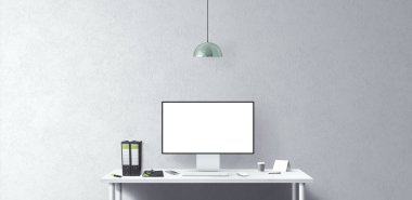 Masada yeni bilgisayar ve ofis araçları var. Boş masaüstü bilgisayar ekranı. Modern yaratıcı çalışma alanı geçmişi. Ön görünüm.