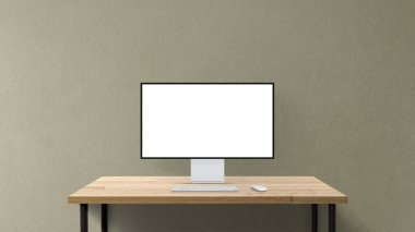 Yeni masaüstü bilgisayar profosyonel ekranı, klavye ve fareli tahta masa. Modern boş ekran 5k. Modern yaratıcı çalışma alanı geçmişi. Ön görünüm.