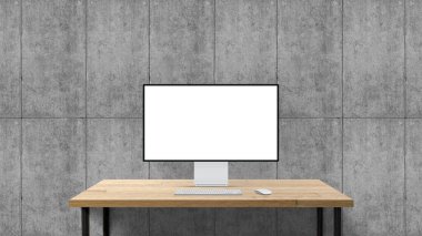 Yeni masaüstü bilgisayar profosyonel ekranı, klavye ve fareli tahta masa. Modern boş ekran 5k. Modern yaratıcı çalışma alanı geçmişi. Ön görünüm.