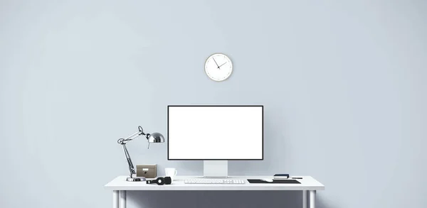 New Computer Display Office Tools Desk Blank Desktop Computer Screen — Stock Photo, Image