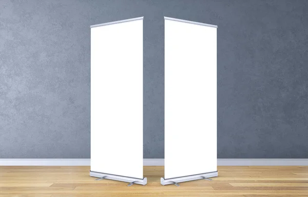 Rollup banners stand. Blank template mockups. Exhibition stand roll-up banners, isolated screen for you design. Vertical empty white roll up for print.