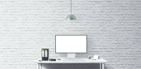 New Computer Display Office Tools Desk Blank Desktop Computer Screen — Stock Photo, Image