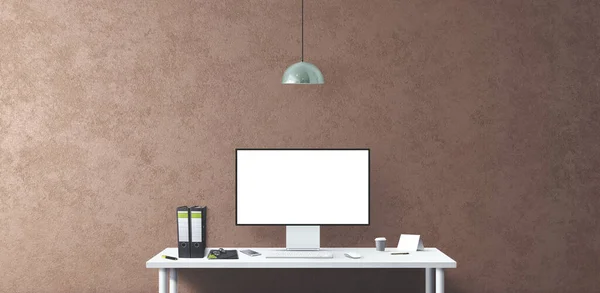 Masada yeni bilgisayar ve ofis araçları var. Boş masaüstü bilgisayar ekranı. Modern yaratıcı çalışma alanı geçmişi. Ön görünüm.
