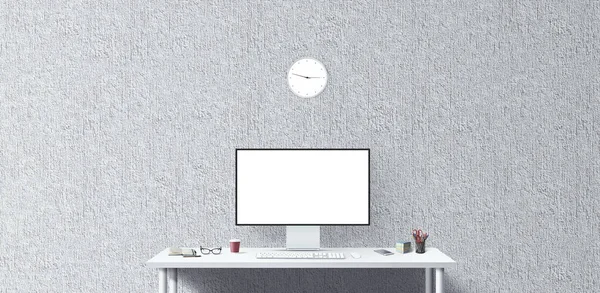 Masada Yeni Bilgisayar Ofis Araçları Var Boş Masaüstü Bilgisayar Ekranı — Stok fotoğraf