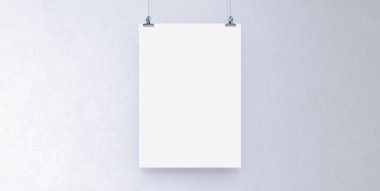 Duvarda asılı boş beyaz kağıt. Poster klipleri boş şablon modellemeleri.