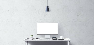 Masada yeni bilgisayar ve ofis araçları var. Boş masaüstü bilgisayar ekranı. Modern yaratıcı çalışma alanı geçmişi. Ön görünüm.