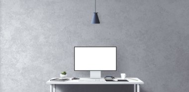 Masada yeni bilgisayar ve ofis araçları var. Boş masaüstü bilgisayar ekranı. Modern yaratıcı çalışma alanı geçmişi. Ön görünüm.