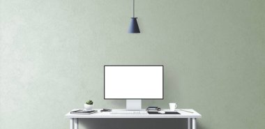 Masada yeni bilgisayar ve ofis araçları var. Boş masaüstü bilgisayar ekranı. Modern yaratıcı çalışma alanı geçmişi. Ön görünüm.