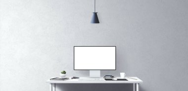 Masada yeni bilgisayar ve ofis araçları var. Boş masaüstü bilgisayar ekranı. Modern yaratıcı çalışma alanı geçmişi. Ön görünüm.