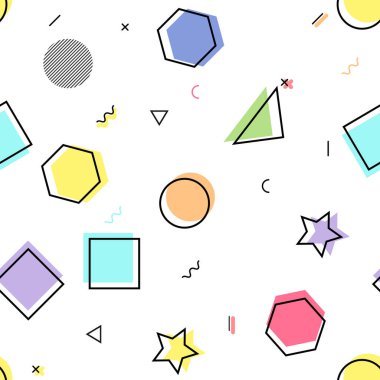 Renkli, pürüzsüz Memphis tarzı 80 'ler-90' lar. Soyut vektör bileşimleri şekillendirir. Tasarımınız için Geometrik arkaplan çizimi.