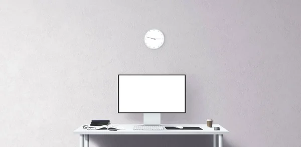 New Computer Display Office Tools Desk Blank Desktop Computer Screen — Stock Photo, Image