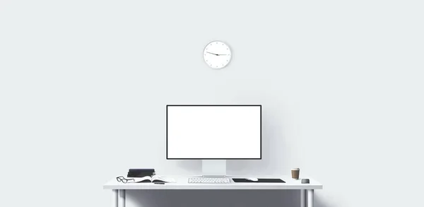 New Computer Display Office Tools Desk Blank Desktop Computer Screen — Stock Photo, Image