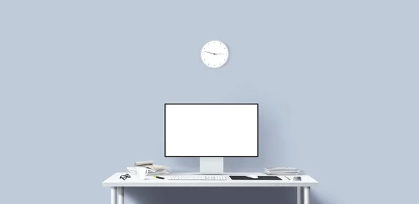 机の上に新しいコンピュータディスプレイとオフィスツール 空のデスクトップコンピュータ画面 現代のクリエイティブワークスペースの背景 正面図 — ストック写真