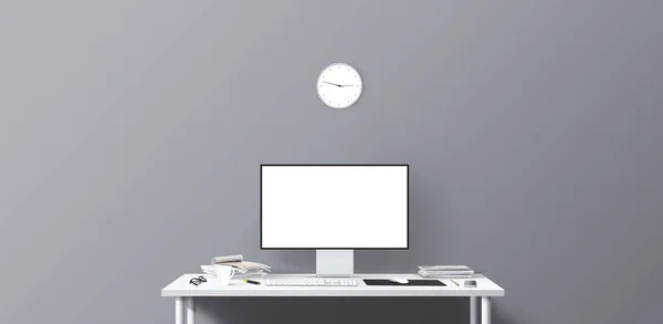 机の上に新しいコンピュータディスプレイとオフィスツール 空のデスクトップコンピュータ画面 現代のクリエイティブワークスペースの背景 正面図 — ストック写真