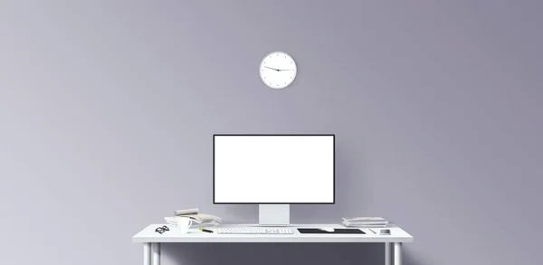 New Computer Display Office Tools Desk Blank Desktop Computer Screen — Stock Photo, Image