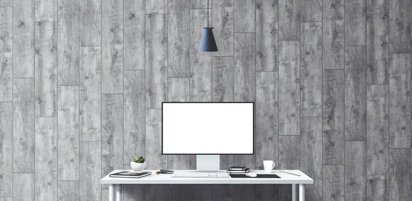 Masada yeni bilgisayar ve ofis araçları var. Boş masaüstü bilgisayar ekranı. Modern yaratıcı çalışma alanı geçmişi. Ön görünüm.