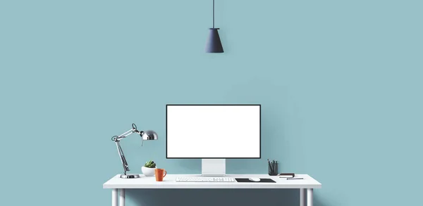Masada yeni bilgisayar ve ofis araçları var. Boş masaüstü bilgisayar ekranı. Modern yaratıcı çalışma alanı geçmişi. Ön görünüm.
