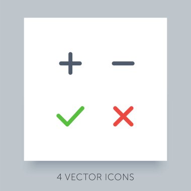 Kabul edilen, reddedilen, onaylanan, onaylanmayan, onaylanmayan, evet - hayır, doğru - yanlış için düz simgeler. Yeşil, kırmızı ve gri ağ sembolleri. Artı, eksi, işaretle ve kapat düğmelerini. Ux ui simgeleri ayarlandı.