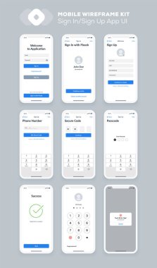 Akıllı telefon için yapay zeka teçhizatı. Mobil Uygulama UX tasarımı. Yeni işletim sistemi imzası girin ve imzalayın, girin, form, girdi alanları, sosyal, sayısal tuş takımı, numaralar, güvenlik ekranları.