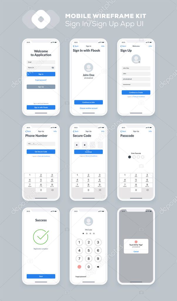 Wireframe UI kit for smartphone. Mobile App UX design. New OS sign in and sign up, enter, form, input fields, social, numeric keypad, numbers, security screens.