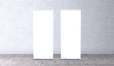 Boş pankartlar standı. Boş şablon modelleri. Sergi stand-up afişleri, sizin için ekran tasarımı. Önizleme için dikey beyaz rulo.