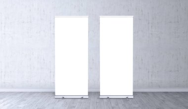 Boş pankartlar standı. Boş şablon modelleri. Sergi stand-up afişleri, sizin için ekran tasarımı. Önizleme için dikey beyaz rulo.