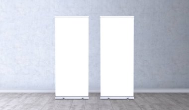 Boş pankartlar standı. Boş şablon modelleri. Sergi stand-up afişleri, sizin için ekran tasarımı. Önizleme için dikey beyaz rulo.