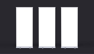 Boş üç rulo pankart standı. Boş şablon modelleri. Sergi standı 3 rulo pankartlar, sizin için ekran tasarımı. Önizleme için dikey beyaz rulo.