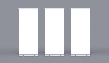 Boş üç rulo pankart standı. Boş şablon modelleri. Sergi standı 3 rulo pankartlar, sizin için ekran tasarımı. Önizleme için dikey beyaz rulo.