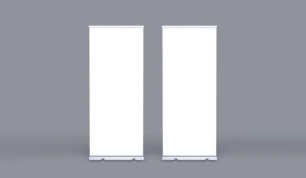 Empty rollup banners stand. Blank template mockups. Exhibition stand roll-up banners, screen for you design. Vertical white roll-ups for preview.