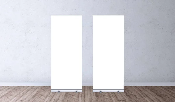 Empty rollup banners stand. Blank template mockups. Exhibition stand roll-up banners, screen for you design. Vertical white roll-ups for preview.