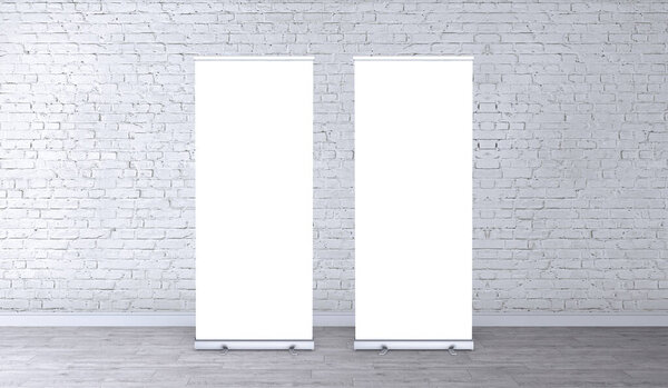 Empty rollup banners stand. Blank template mockups. Exhibition stand roll-up banners, screen for you design. Vertical white roll-ups for preview.