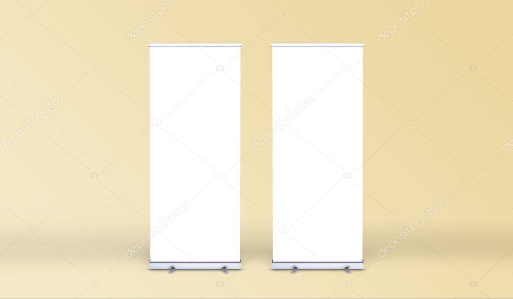 Empty rollup banners stand. Blank template mockups. Exhibition stand roll-up banners, screen for you design. Vertical white roll-ups for preview.