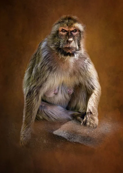 3035 Meraklı Barbar Macaque arka planı yazılı bir duvarda oturuyor.