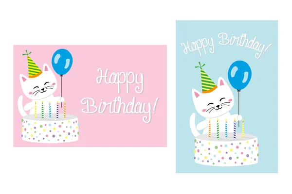 男孩和女孩带着猫和蛋糕的生日快乐卡片 — 图库矢量图片