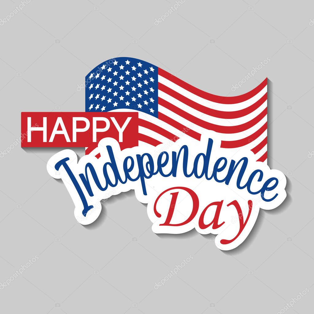 Happy Independence Day text with American flag and sticker style