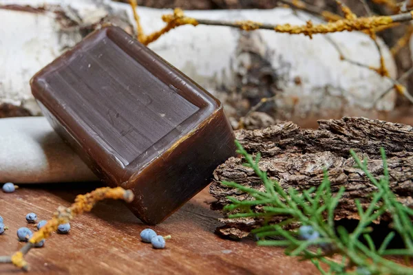 Ein Stück Seife Auf Einem Holztisch Naturseife Stockbild