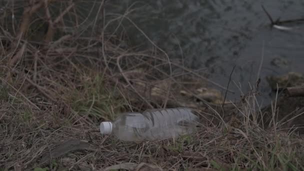 Bouteille Plastique Sur Rivage Près Eau — Video