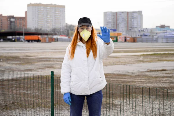 Caucasian Woman Glasses Protective Mask Stands Street Shows Stop Sign — Stock Photo, Image